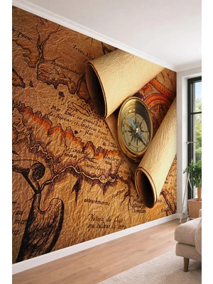 Dreamwall Antik Harita ve Pusula - Ofis ve Çalışma Odası Için Tek Parça Tekstil Duvar Kağıdı