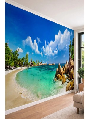 Dreamwall Egzotik Sahil ve Granit Kayalıklar - Spa ve Cafe Için Derinlikli Tek Parça Duvar Kağıdı