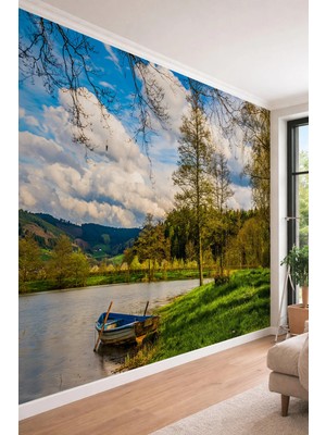 Dreamwall Nehir Kenarı ve Sandal - Ofis ve Salon Için Tek Parça Tekstil Duvar Kağıdı