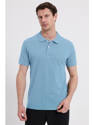 Tudors Erkek Slim Fit Dar Kesim %100 Pamuk Kısa Kollu Polo Yaka Mavi Tişört