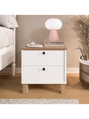 Yurudesign Nord Komodin 2 Çekmeceli Ahşap Ayaklı Sepet-Beyaz Nd9-Sw