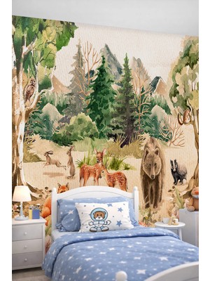 Dreamwall Sulu Boya Orman Hayvanları ve Ayı Figürlü Tek Parça Tekstil Duvar Kağıdı