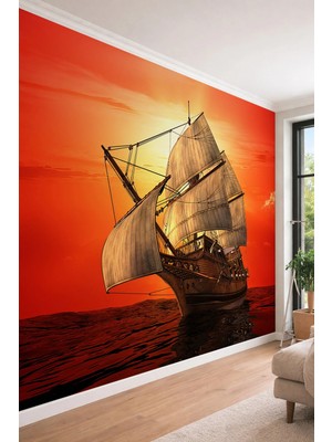 Dreamwall Yelkenli Gemi ve Gün Batımı - Cafe ve Restoran Için Tek Parça Tekstil Duvar Kağıdı