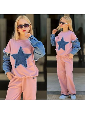Rapapa Kız Çocuk Yıldız Detaylı Kot Balon Kollu Eşofman Takımı Alt Üst Takım 2591PE