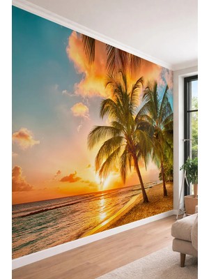 Dreamwall Gün Batımı Tropikal Sahil - Kafe ve Spa Alanları Için Tek Parça Tekstil Duvar Kağıdı