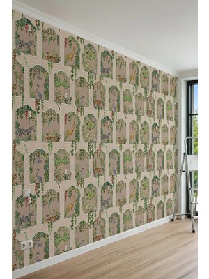 Dreamwall Egzotik Kemerli Pencereler ve Safari Hayvanları Tek Parça Tekstil Duvar Kağıdı