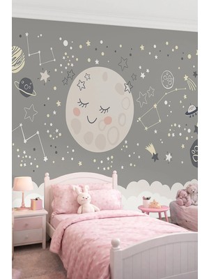 Dreamwall Gülen Ay Dede ve Takım Yıldızlar Temalı Tek Parça Tekstil Duvar Kağıdı