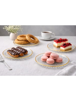 Leymaison Gold Kenarlı Cam Servis Tabağı 4'lü Set | Desenli Cam Pasta Tatlı Sunum Tabağı