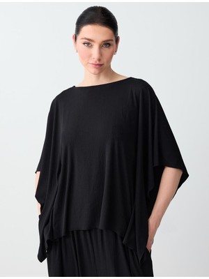 Jimmy Key Siyah Rahat Kesim Düşük Omuz Uzun Örme Bluz