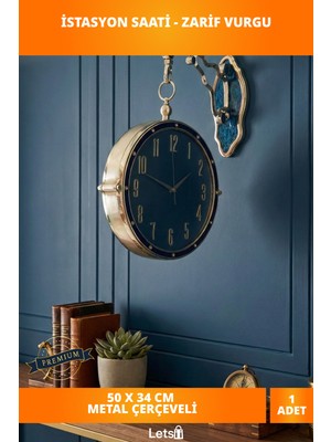 Letsii Metal Çerçeveli Modern Duvara Asmalı Istasyon Saati 50X34 cm