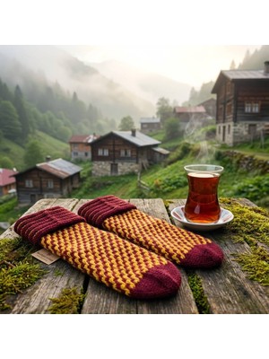 Robotel El Örmesi Kırmızı-Sarı Zikzak Desenli Yün Karışımlı Çorap