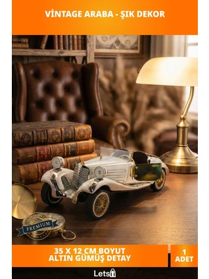 Letsii Pirinç Eski Model Araba Figürü 35X12 cm Metalik Gümüş Altın Detaylı