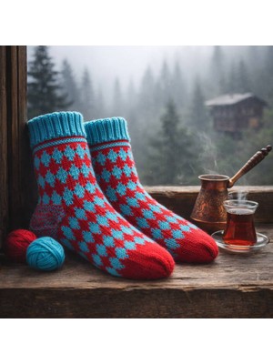 Robotel El Örmesi Turkuaz-Kırmızı Zikzak Motifli Yün Karışımlı Çorap