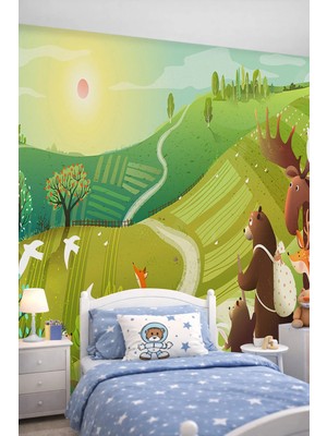 Dreamwall Gün Batımı ve Doğa Yürüyüşü Yapan Orman Hayvanları Tek Parça Tekstil Duvar Kağıdı