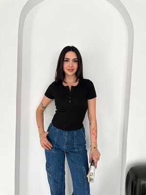 Piove Düğmeli Ribana Crop Bluz – Brown Elegance