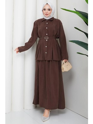 Hafsa Mina Pensli Kemerli Etekli Takım Kahverengi HM2883