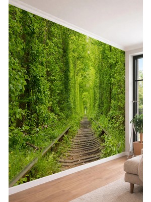 Dreamwall Doğa Orman Tüneli ve Nostaljik Tren Rayları Temalı Tek Parça Tekstil Duvar Kağıdı