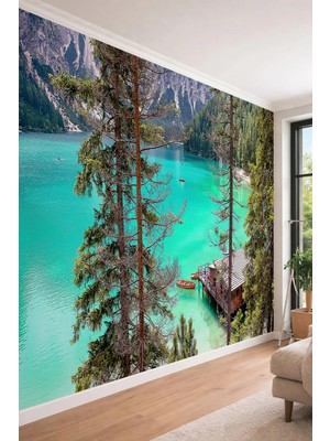 Dreamwall Göl ve Dağ Evi Manzaralı - Ofis ve Kafe Için Tek Parça Tekstil Duvar Kağıdı