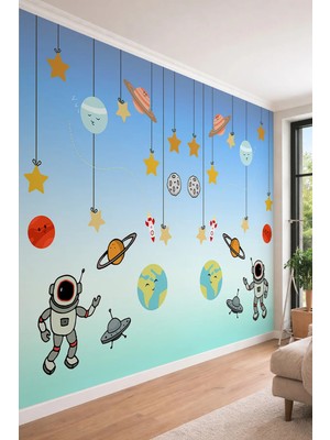 Dreamwall Sevimli Astronotlar ve Uzay Macerası - Çocuk Odası Için Tek Parça Tekstil Duvar Kağıdı