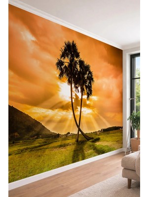 Dreamwall Tropikal Gün Batımı ve Palmiyeler - Manzara Temalı Tek Parça Tekstil Duvar Kağıdı