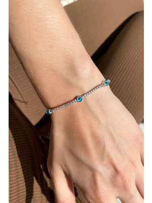 Spossy Silver Jewelry Nazar Cam Göz Zarif Su Yolu Bileklik