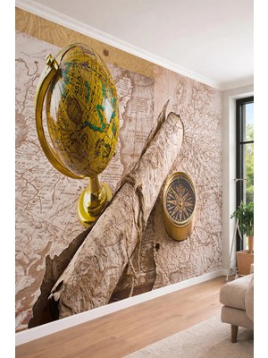 Dreamwall Eskitme Dünya Küresi ve Harita - Ofis ve Salon Için Tek Parça Tekstil Duvar Kağıdı