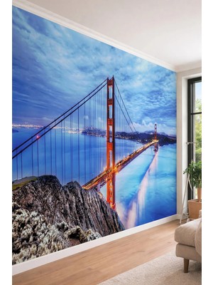 Dreamwall Golden Gate Köprüsü Şehir Manzaralı - Ofis ve Salon Için Tek Parça Tekstil Duvar Kağıdı