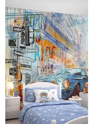 Dreamwall Retro Araba ve Modern Şehir Temalı Tek Parça Tekstil Duvar Kağıdı - Dinamik Dekor