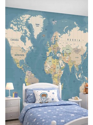 Dreamwall Vintage Dünya Haritası Detaylı Tek Parça Tekstil Duvar Kağıdı - Modern ve Eğitici