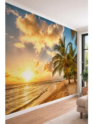 Dreamwall Gün Batımı ve Palmiye Sahili - Butik Otel ve Cafe Için Tek Parça Tekstil Duvar Kağıdı