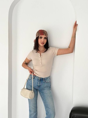 Piove Düğmeli Ribana Crop Bluz – Brown Elegance