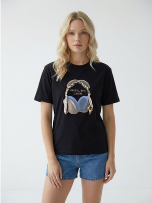 Cemo Kadın Baskılı Basic Bisiklet Yaka Beyaz Tişört