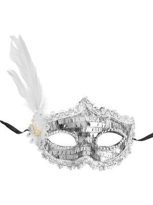 Pileli Store Gümüş Payetli Pullu Beyaz Renk Yandan Tüylü Parti Maskesi 18X22 cm (4887)