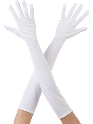 Pileli Store Beyaz Renk Dirseğe Kadar Uzun Kumaş Eldiven 40 cm (4887)