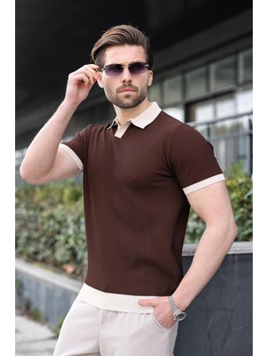 Madmext Kahverengi Polo Yaka Triko Erkek Tişört E7464