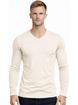 Axxel Erkek Açık Krem Pamuklu Likralı Süprem Uzun Kollu T-SHIRT-D236