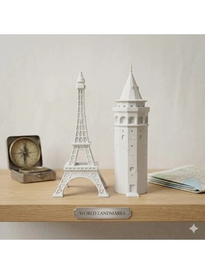 Dekoratif 3D Baskı Galata ve Eiffel Kulesi Seti - 20 cm - Beyaz