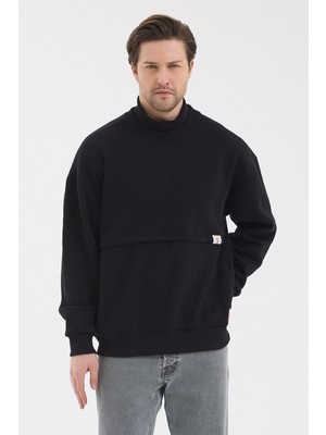 Moviment Urban Fit Siyah Dik Yaka Oversize Etiket Detaylı Şardonlu Sweatshirt