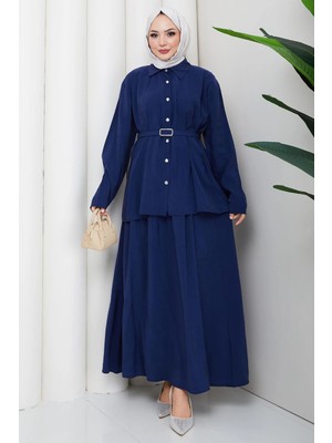 Hafsa Mina Pensli Kemerli Etekli Takım Lacivert HM2883