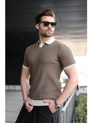 Madmext Açık Kahverengi Polo Yaka Triko Erkek Tişört E7464