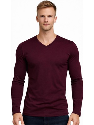 Axxel Erkek Koyu Mürdüm Pamuklu Likralı Süprem Uzun Kollu T-SHIRT-D236