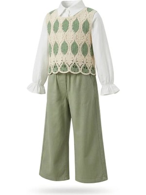 Bayramlık Kız Takım – Yeşil Pantolon, Gömlek ve Triko Süveterli 3’lü Şık Çocuk Kombini