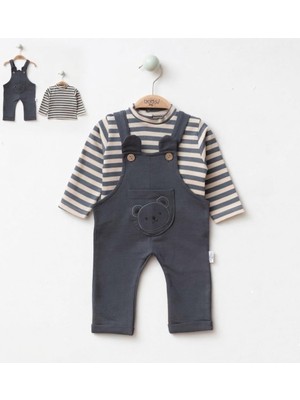 Bebeva Baby Erkek Bebek Gri Ayıcık Nakışlı Salopet ve Çizgili Body 2'li Kombin Takım