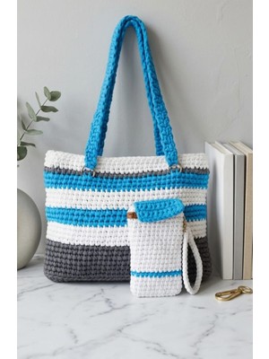 JKmons El Yapımı Örgü Kadın Omuz Çantası, Telefon Kılıfı – Mavi Beyaz Çizgili Tığ Işi Çanta