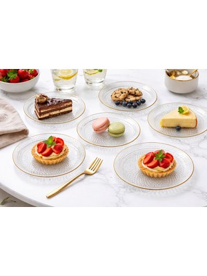 Leymaison Gold Kenarlı Cam Servis Tabağı 6'lı Set | Desenli Cam Pasta Tatlı Sunum Tabağı