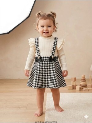 Vavbaby Kız Bebek Kazayağı Desenli Jile Elbise ve Fırfırlı Fitilli Bluz 2’li Takım Beyaz