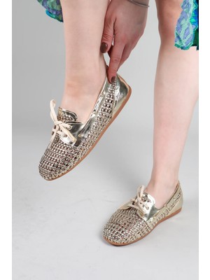 Birikon Baft Örgü Detaylı Ayakkabı Gold