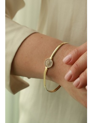 Aydın Kuyumculuk 14 Ayar Altın,ezme Zincirli Baget Taşlı Bileklik AGBLK691