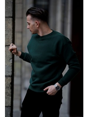 Mavona Bisiklet Yaka Erkek Oversize Nefti Yeşil Sweatshirt