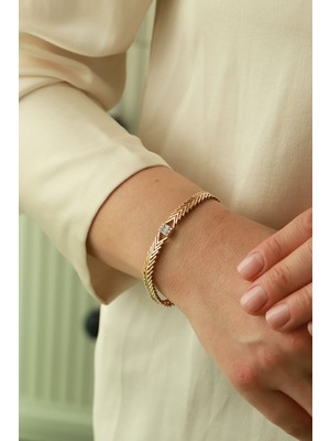 Aydın Kuyumculuk 14 Ayar Roz Altın,baget Taşlı Kılçık Bileklik AGBLK721